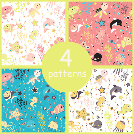 Set of sea creatures seamless pattern. Childish background. Holiday design. Vector illustration.のイラスト素材