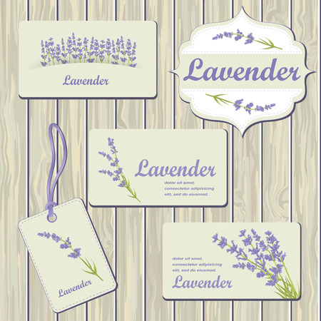 Lavender cards and labels on wood plank background. Template for design textile, greeting cards, wrapping paper, packages, backgrounds. Vintage vector illustration.のイラスト素材