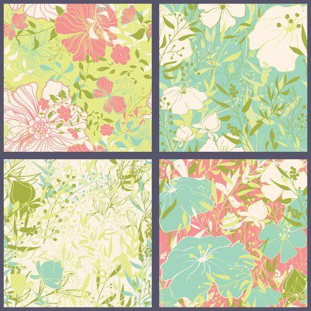 Set of seamless patterns with hand drawn flowers. Vintage background. Vector illustration.のイラスト素材