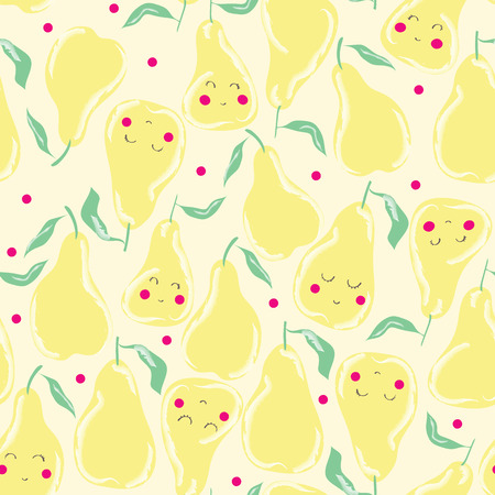 Seamless pattern with pears in cartoon style. Hand drawn design for fabric pattern, wrapping paper, Thank you card, Greeting card or Invitation. Vector illustration.のイラスト素材