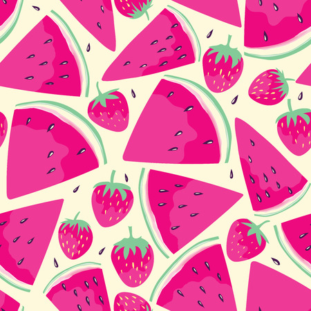 Seamless pattern with watermelon slices and  strawberries  in cartoon style. Hand drawn design for...