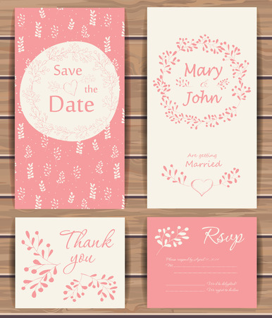 Floral vector card templates. Hand drawn design for Save The Date, Greeting card, birthday cards, invitations. Seamless pattern is masked.  Wood plank vector background is in the separate layer.のイラスト素材