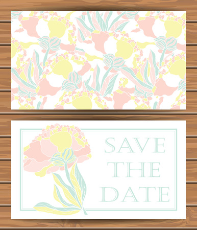 Floral vector card templates. Hand drawn design for Save The Date, Thank you card, RSVP, Greeting card, baby shower, mothers day, valentines day, birthday cards, invitations. Seamless pattern is masked. Wood plank vector background is in the separate layeのイラスト素材