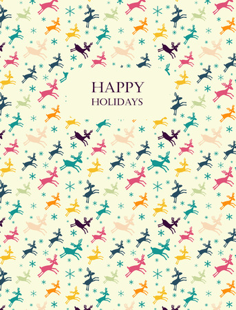 Happy holidays greeting card. Colorful deers and snowflake  background. Seamless pattern is masked. Winter holiday design. Vector illustration.のイラスト素材