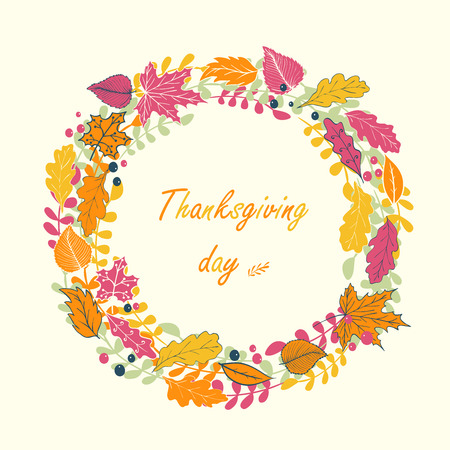 Greeting card for Thanksgiving holiday with circle of Autumn leaves.のイラスト素材
