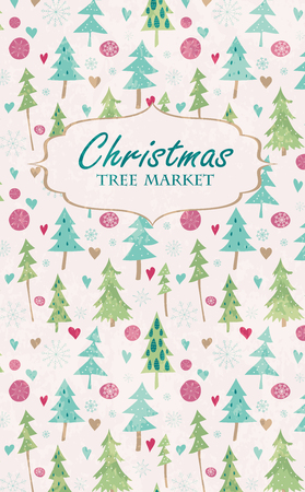 Christmas card with Christmas tree market lettering, fir trees, snowflakes and hearts. Hand drawn winter holiday design for Christmas and New Year greeting cards, fabric, wrapping paper, invitation, stationery. Seamless pattern is masked.のイラスト素材