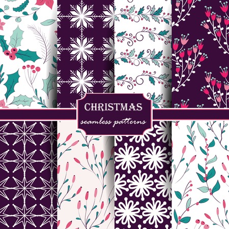 Set of seamless patterns with snowflakes and winter flowers.  design for Christmas and New Year greeting cards, fabric, wrapping paper, invitation, stationery. Seamless patterns are masked.のイラスト素材