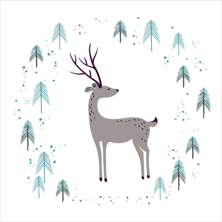 Deer in winter pine forest isolated on white.  design for Christmas and New Year greeting cards, fabric, wrapping paper, invitation, stationery.のイラスト素材