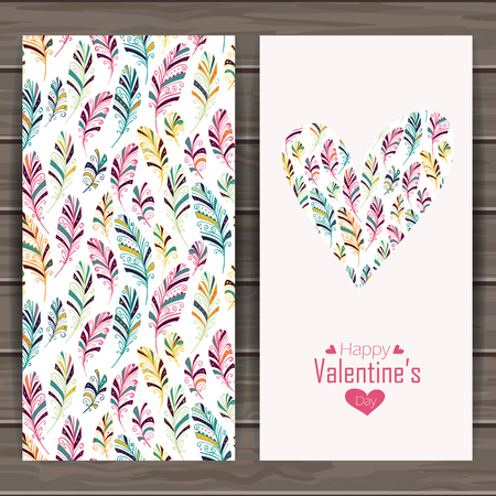 Happy valentines day card. Vintage  background with feathers. Seamless pattern is masked.  Wood plank vector background is in the separate layer.のイラスト素材