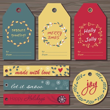 Christmas gift tags set. Hand drawn design for winter holidays. Wood plank vector background is in the separate layer.のイラスト素材
