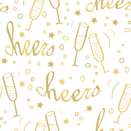 Christmas seamless background with golden Cheers lettering and glasses with champagne. Hand drawn design for winter holidays.のイラスト素材