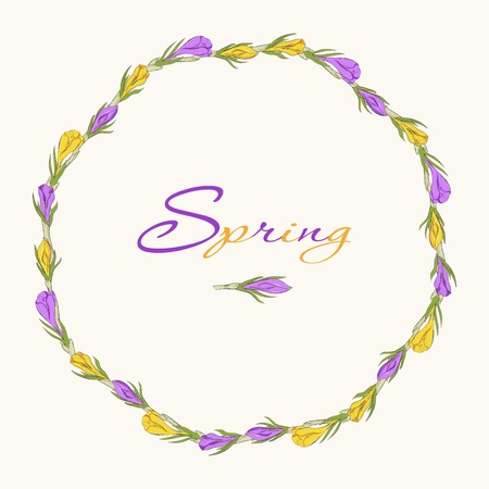 Greeting card with hand drawn crocus spring flowers wreath.のイラスト素材