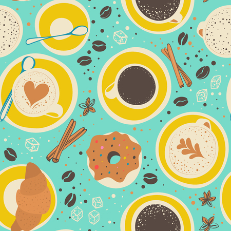 Seamless illustration with coffee, spices and bakery. Upper viewのイラスト素材