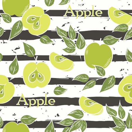 Apples on dark gray stripes. Horizontal brush strokes seamless pattern.のイラスト素材