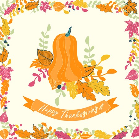 Happy Thanksgiving card design.illustration of pumpkin with flowers, leaves and ribbon.のイラスト素材