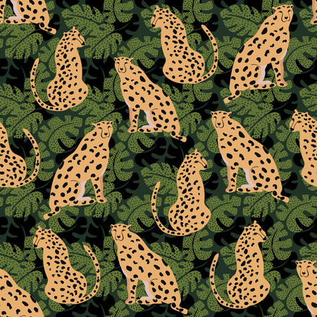 Cheetah with monstera leaves seamless pattern. Summer paradise in tropical jungles with wild animals, and fantastic florals.の写真素材