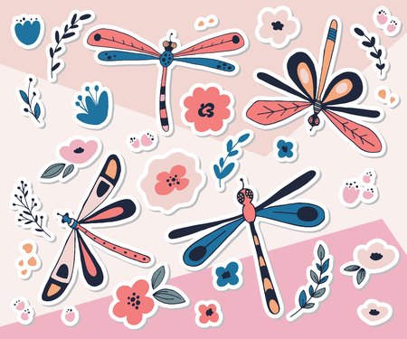 Vector stickers with dragonflies, leaves and fantasy flowers.の写真素材