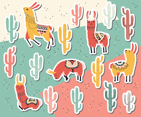 Vector llama and cactus stickers. Hand drawn illustration.のイラスト素材