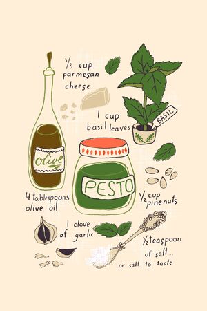 Pesto Recipe Tea Towel. Hand drown vector illustration.の写真素材
