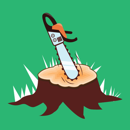 Chainsaw and stump on a green background, illustration, designのイラスト素材