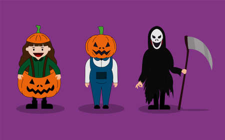 Vector illustration of cute kids in halloween costume. Good for halloween characters, halloween item, etc.のイラスト素材