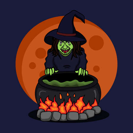 Vector illustration of evil cartoon old witch with bright big moon. Suitable for halloween characters, halloween items, etcのイラスト素材