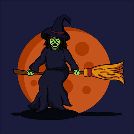 Vector illustration of evil cartoon old witch with broom and bright big moon. Suitable for halloween characters, halloween items, etcのイラスト素材