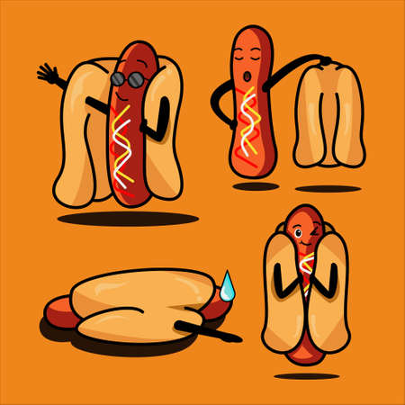 Vector illustration of cute hot dog character feeling hot and tired. Suitable for food item, etc.のイラスト素材