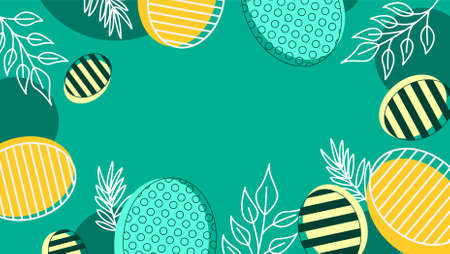 Abstract background template decorated with eggs and leaves elements. Suitable for easter event, etc.のイラスト素材