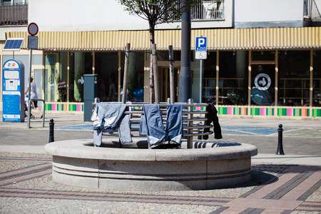 Wroclaw Poland - May 20, 2018: Clothes of the homeless people are dried on the fence in the center of Wroclawのeditorial素材