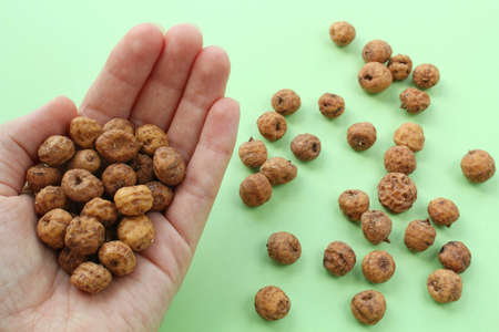 Chufa, tigernut, earth almond in the palm of outstretched hand on green background. Healthy food...