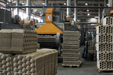 Storage warehouse with packaged goods on wooden pallet at recycle paper factory. Preparation shipment of products. Logistics, transportation and distribution facility for deliveryのeditorial素材