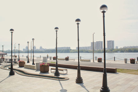 Embankment in river station pier. Starting point of cruise tourism. passenger terminal. Pedestrian parkの写真素材