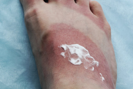 Redness of woman's leg as a result of skin burn with cream treatment. Foot soreness after a sunburn. Dermatology problems. Inflammation of sensitive skin from allergies. Skincare conの写真素材
