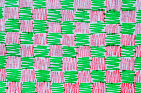 Felt pen doodle scribbles with colored red and green square. Abstract texture drawn with felt-tip pen. colorful felt tip ink markers handwritten drawn lines. Sketch concept. Seamleの写真素材