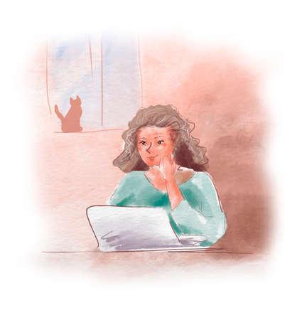 Digital watercolor painting girl woman working witl a laptop and catの写真素材
