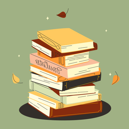 World book day. Stack of books isolated. Hand drawn educational vector illustrations with leaves and fall vibesのイラスト素材