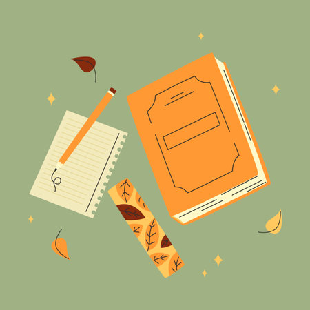 Notebooks, notepads, memo pads, planners, organizers for making writing notes and jotting isolated, fall autumn reading vibe. Colorful vector illustrationのイラスト素材