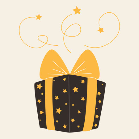 Beautiful black gift box with stars and bowのイラスト素材