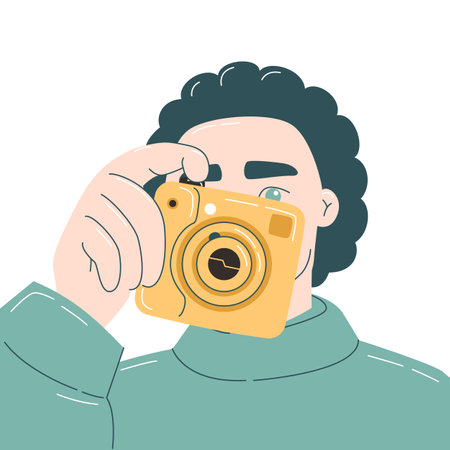 Man holding camera and take a picture, isolated on the white backgroundのイラスト素材