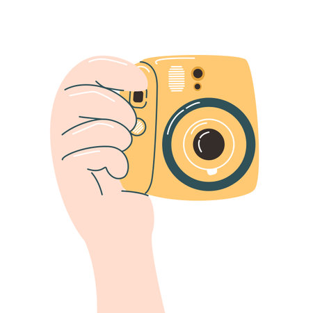 Hand holding vintage camera device, flat illustration isolated on the white backgroundのイラスト素材