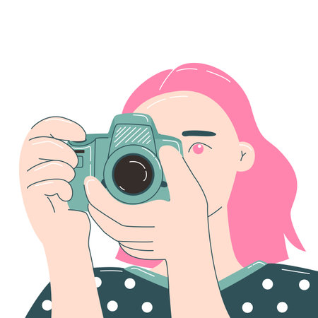 Girl holding camera and take a picture, isolated on the white backgroundのイラスト素材