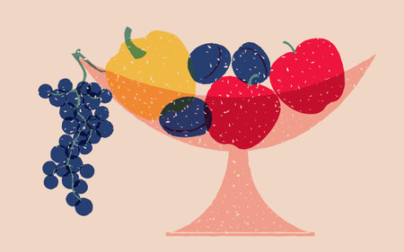 Risograph illustation of a bowl with plums, apples, pepper and grapes