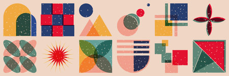 Vector set of colorful geometric shapes in trendy risograph print style