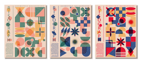 Collection of vertical poster with riso print effect. Abstract geometric risograph pattern risograph...