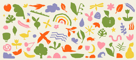Abstract cute hand drawn nature organic shapes. Colorful background with doodle nature forms. Set of colored drawn objects in vectorのイラスト素材