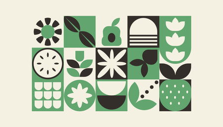 Bauhaus plants, natural geometric pattern in tiles, decorative abstract art with flowers, leaves, fruits, vegetables, banner, wallpaperのイラスト素材