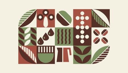 Coffee Pattern, Bauhaus geometric shapes in tiles, decorative abstract art with grain, leaves, water, coffee pot, bannerのイラスト素材