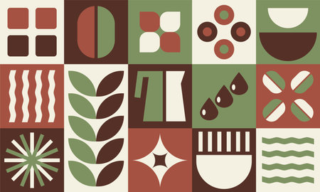 Coffee Pattern, Bauhaus geometric shapes in tiles, decorative abstract art with grain, leaves, water, coffee pot, bannerのイラスト素材