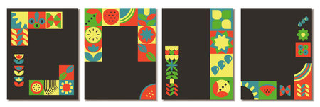 Abstract ethnic Pattern Nature Geometric Poster template, Designs for folk cultural events, nature, agriculture event. Design for social media, cover, brochure, black backgroundのイラスト素材